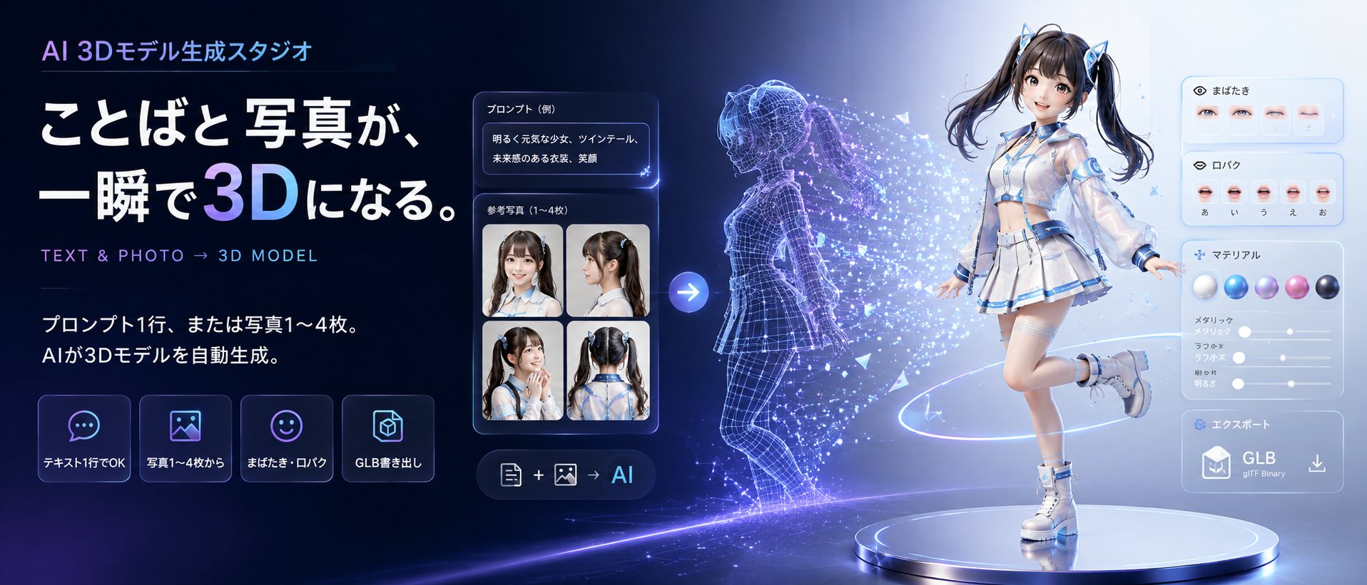 ことばと写真が、一瞬で3Dになる。AI 3Dモデル生成スタジオ — プロンプトや写真1〜4枚からAIが3Dモデルを自動生成し、まばたき・口パク設定やGLB書き出しまで行えるサービスのイメージ画像