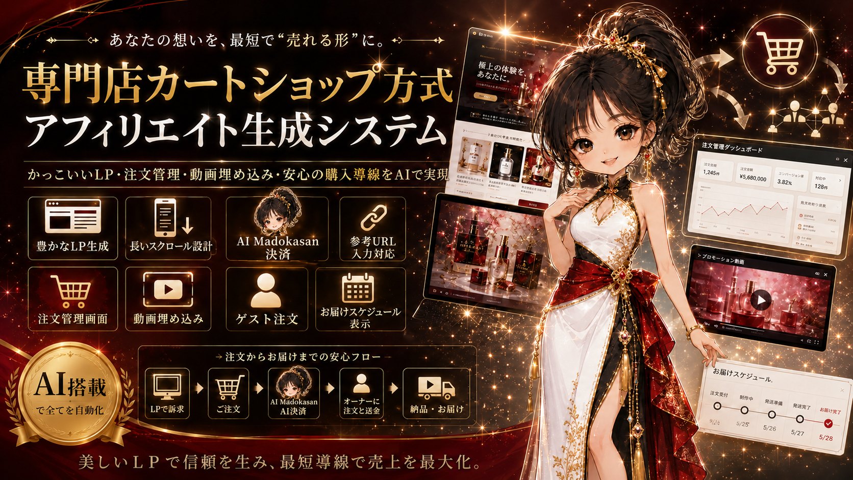 AI Madokasan — 専門店カートショップ方式アフィリエイト生成システム。かっこいいLP・注文管理・動画埋め込み・安心の購入導線をAIで実現