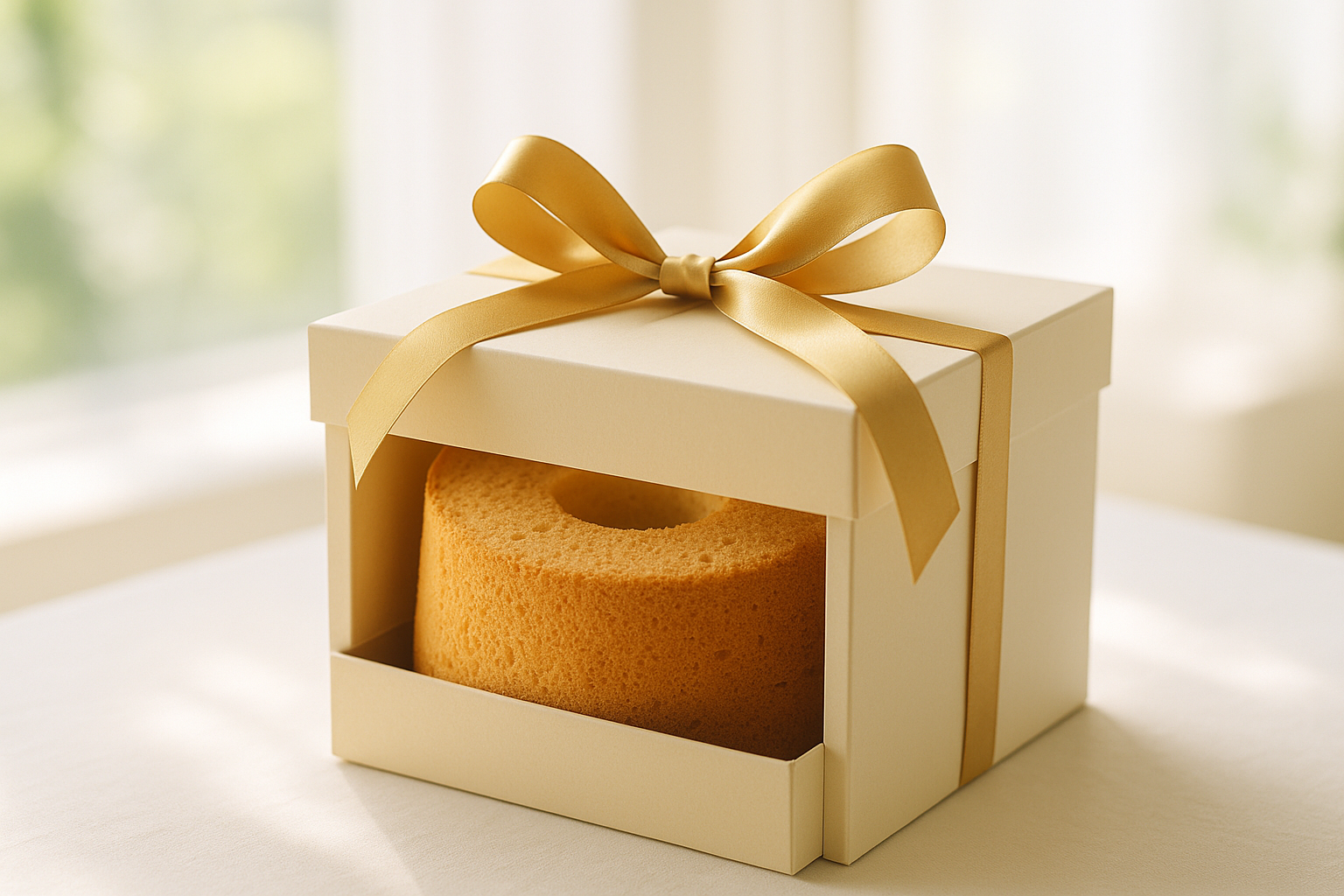 ゴールドのリボンをかけたシフォンケーキのギフトボックス