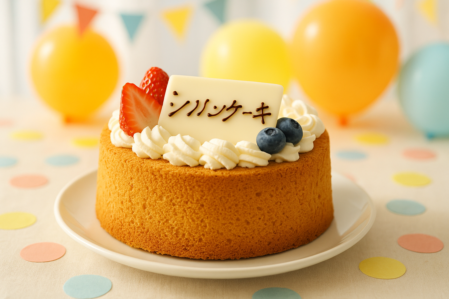 メッセージプレートを添えたシフォンケーキ、お祝いの雰囲気