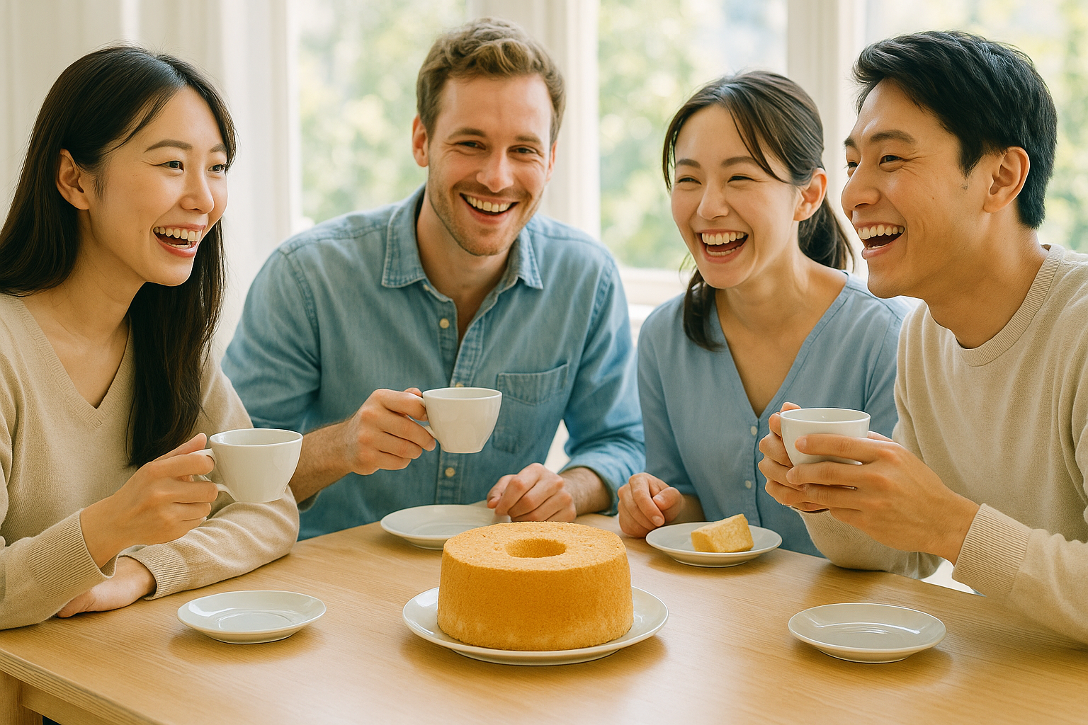 友人たちが笑顔でシフォンケーキを囲む楽しいティータイム