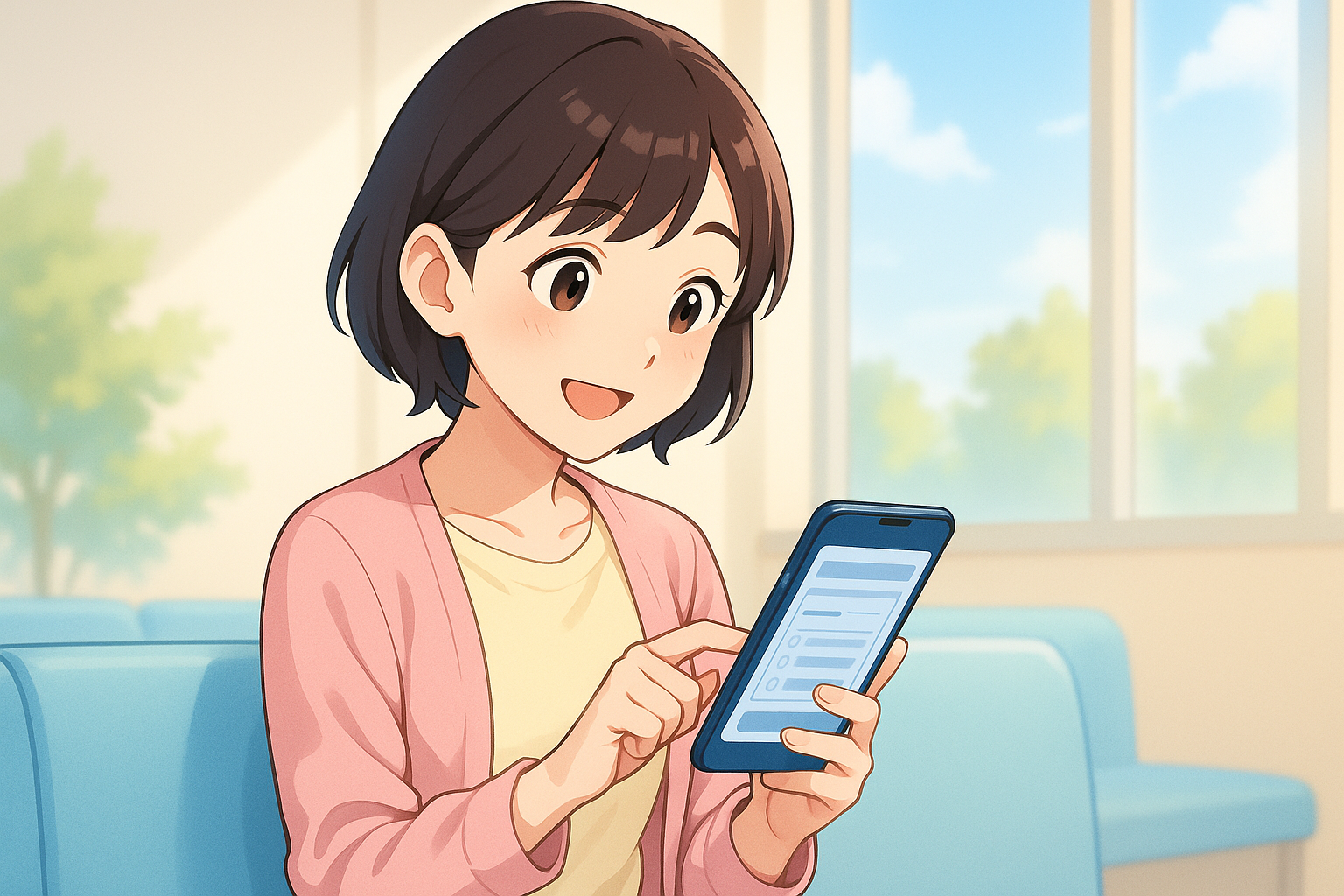 待合室でスマートフォンを使って問診フォームに入力している患者