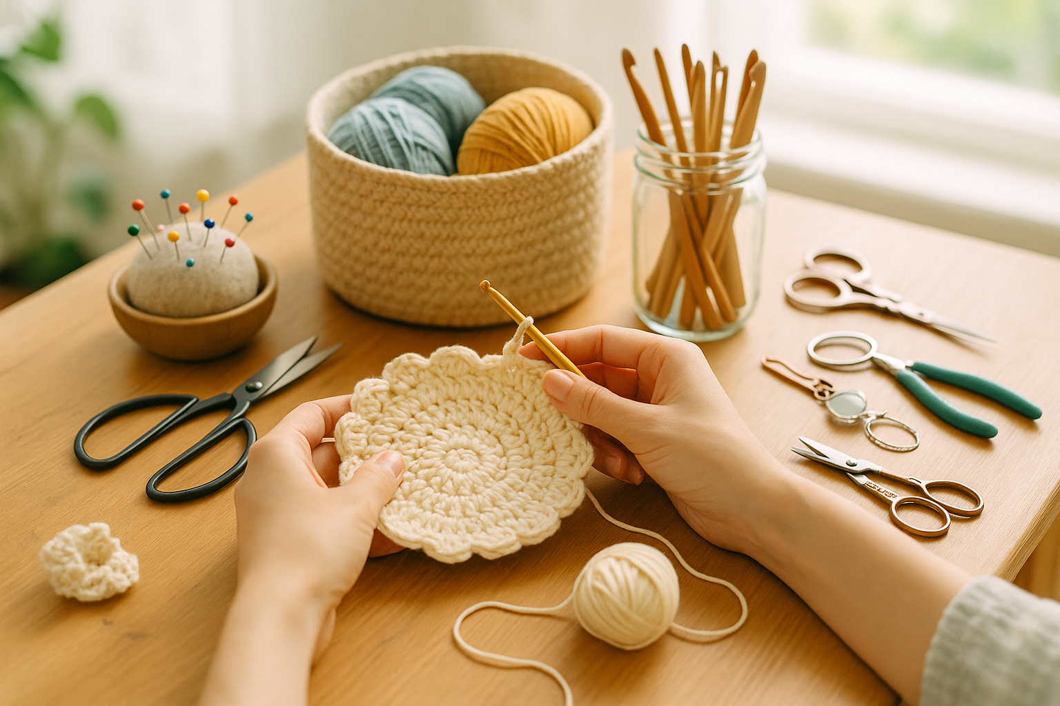 ハンドメイド作家の作業机に並ぶ道具と作りかけの作品