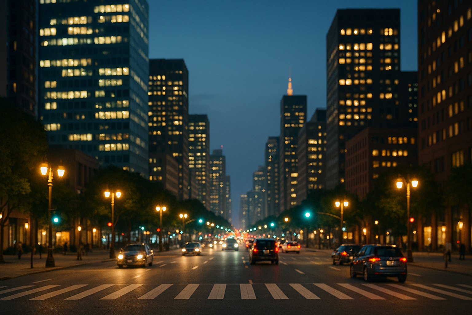 夜の街の光が美しく輝く都市風景の写真作品