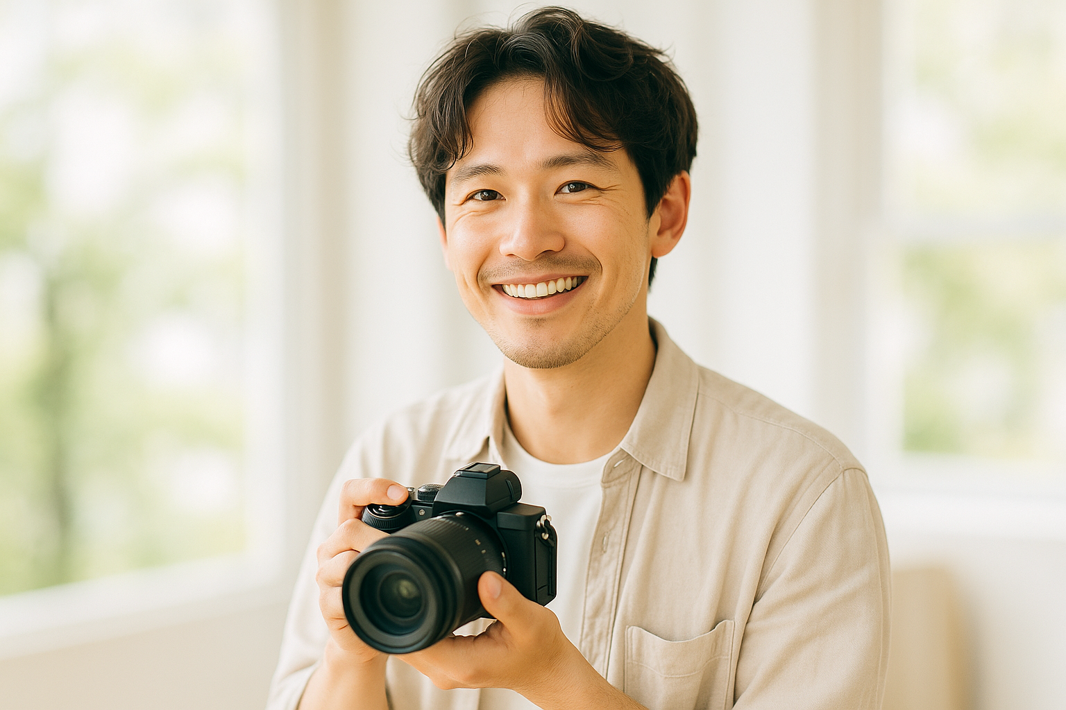 カメラを手にした写真家のやわらかな雰囲気のポートレート