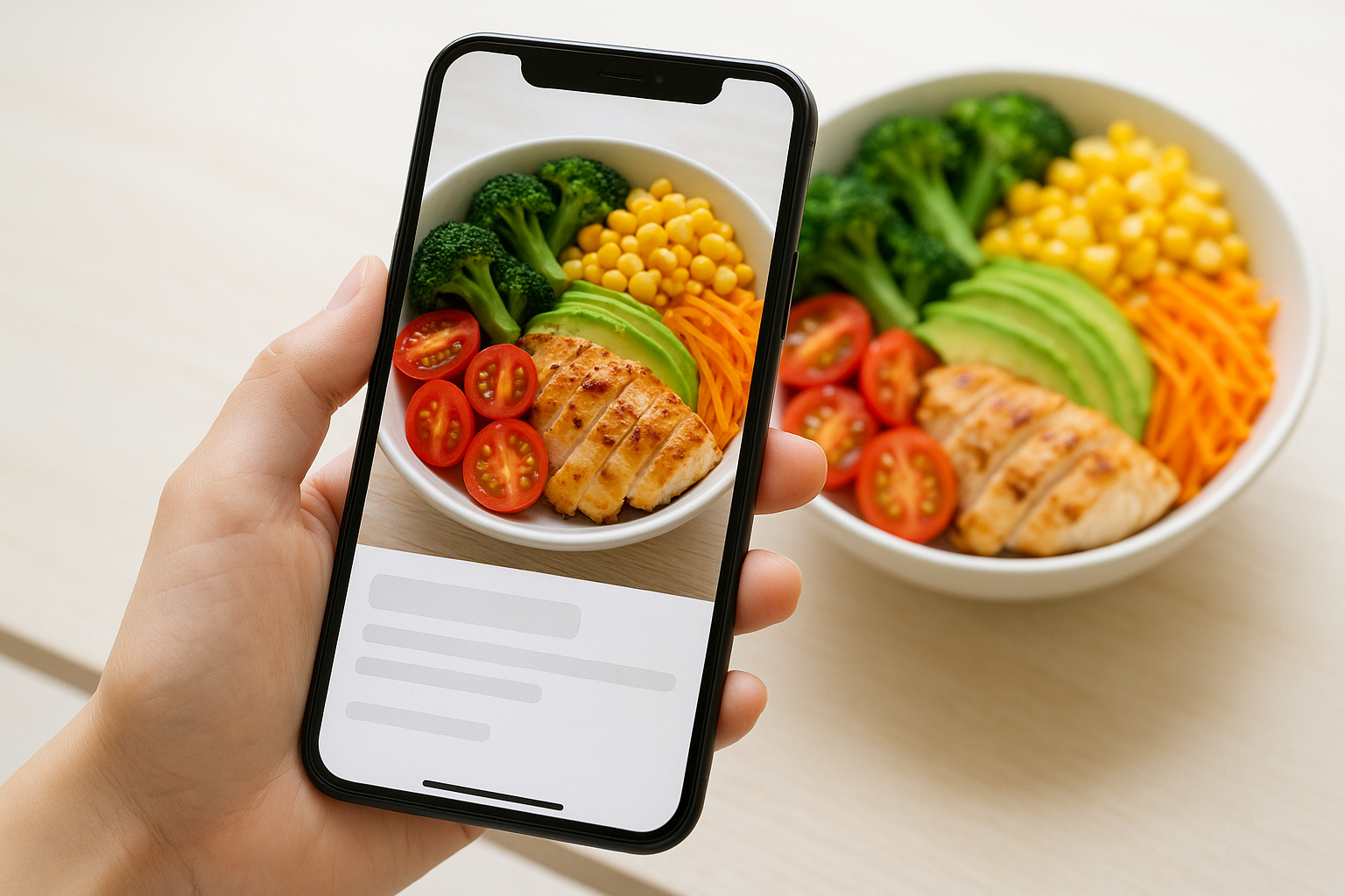 スマートフォンで撮影した色とりどりの健康的な食事の記録画面