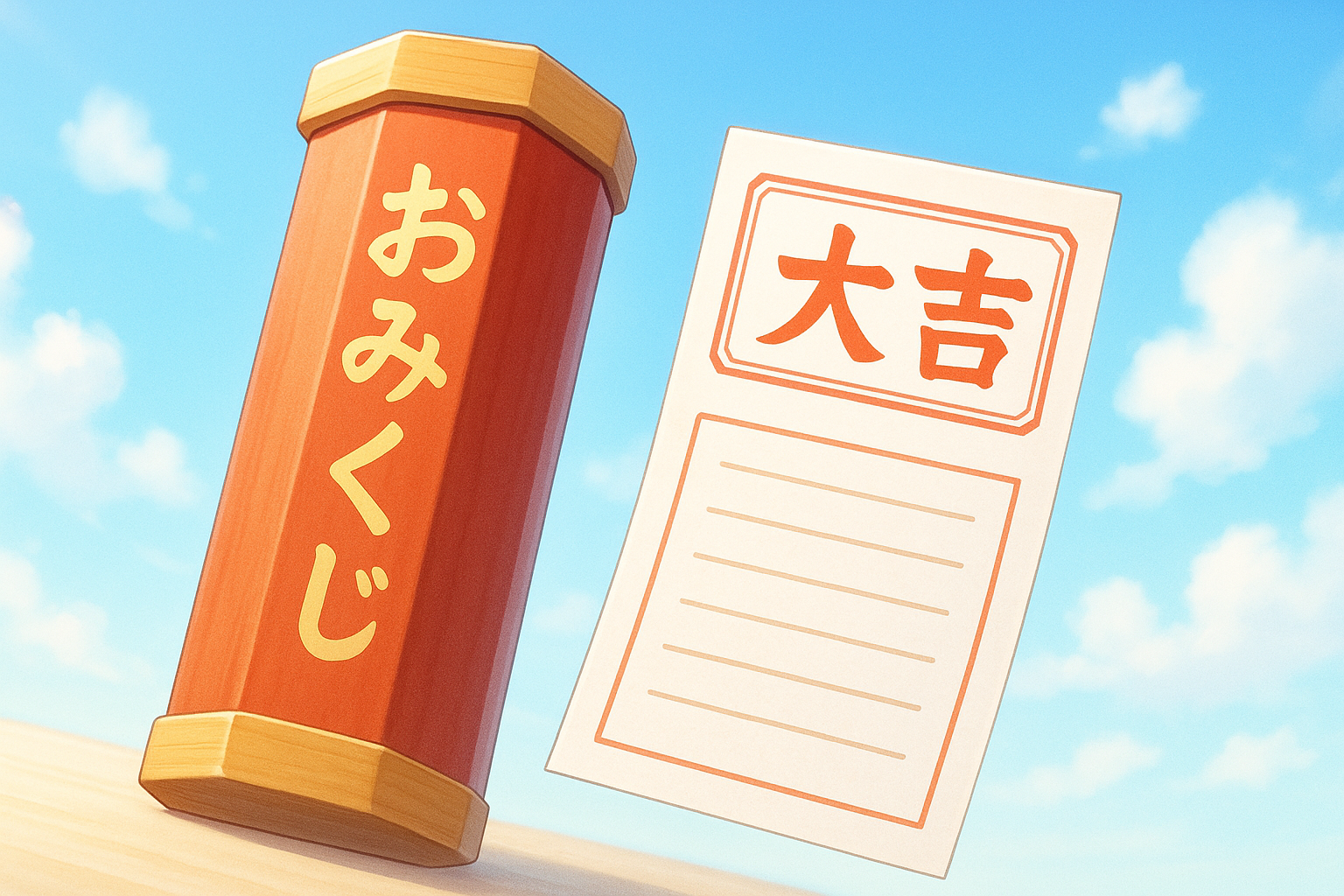 神社のおみくじの筒と大吉のくじが並ぶイメージ