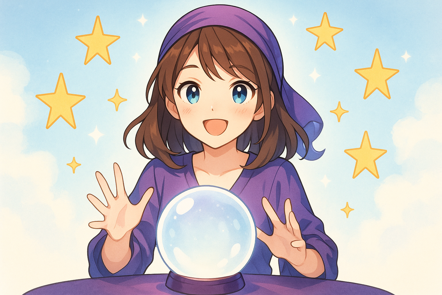 水晶玉と星に囲まれた、一人の運勢を占う占いのイメージ