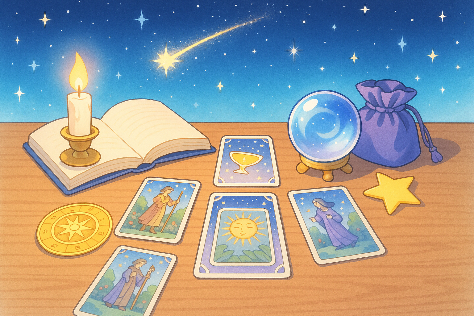 星空と占いカードが広がる、ワクワクする占いのデスクのイメージ