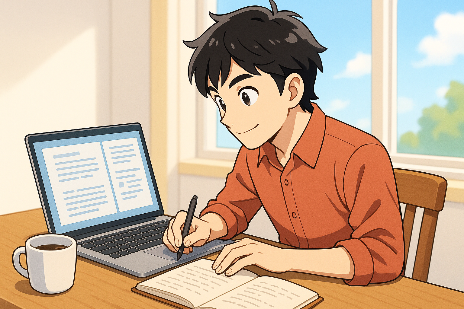 木の机の上でノートパソコンとコーヒーを前に集中して執筆する作家の作業風景