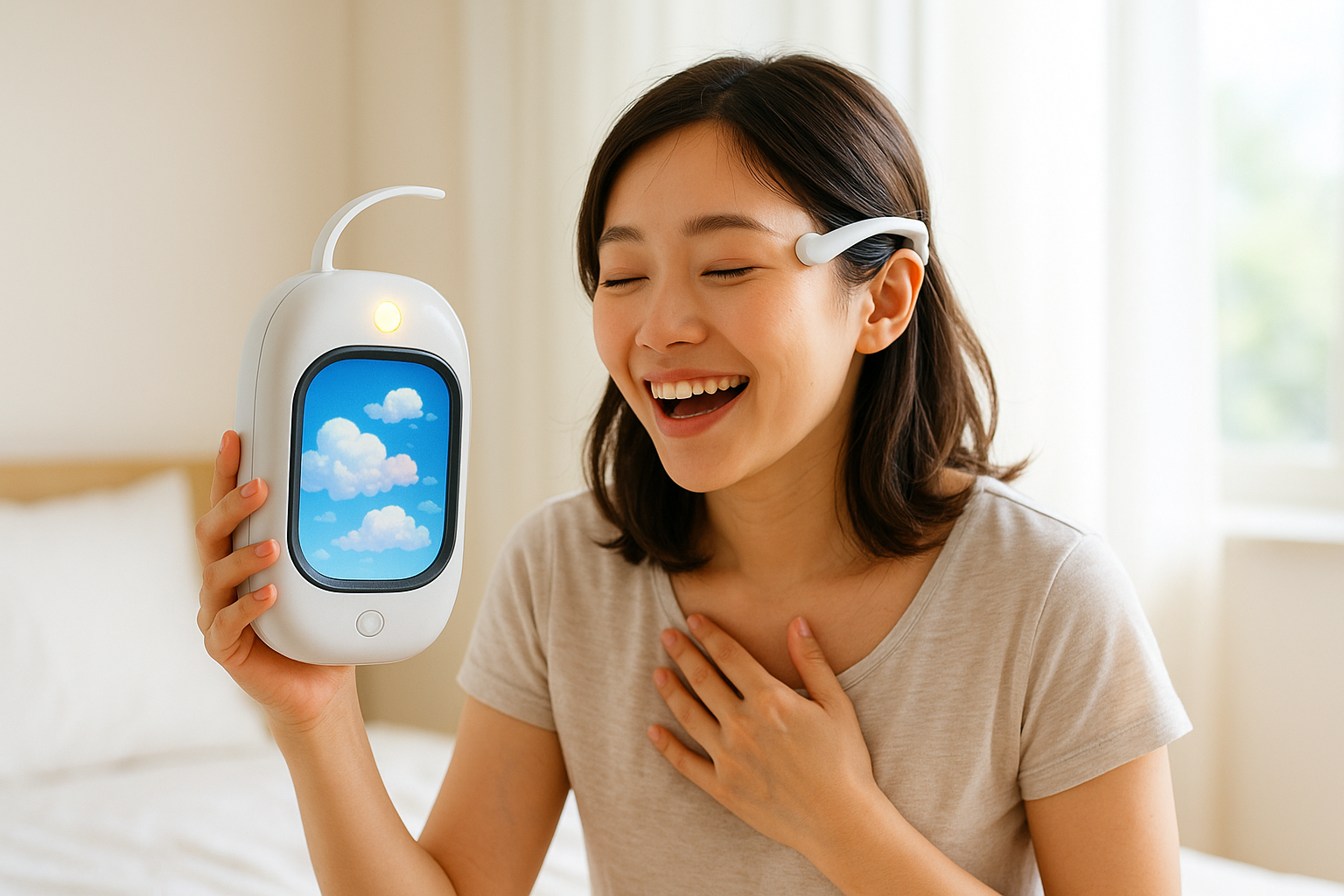 見た夢を朝に再生できる空想ガジェットの楽しいイメージ