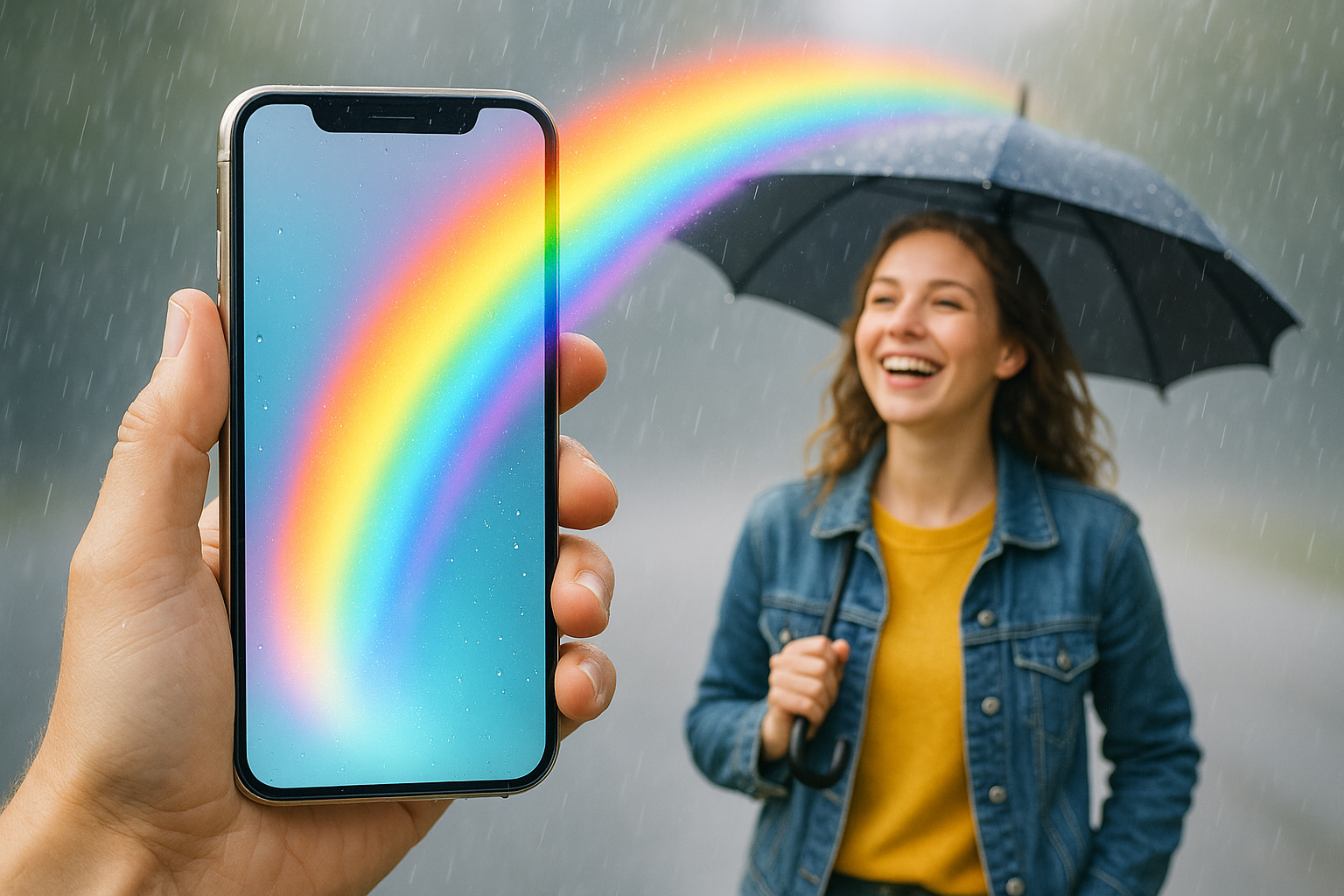 雨の日に虹色の光で人を元気づける空想アプリのイメージ