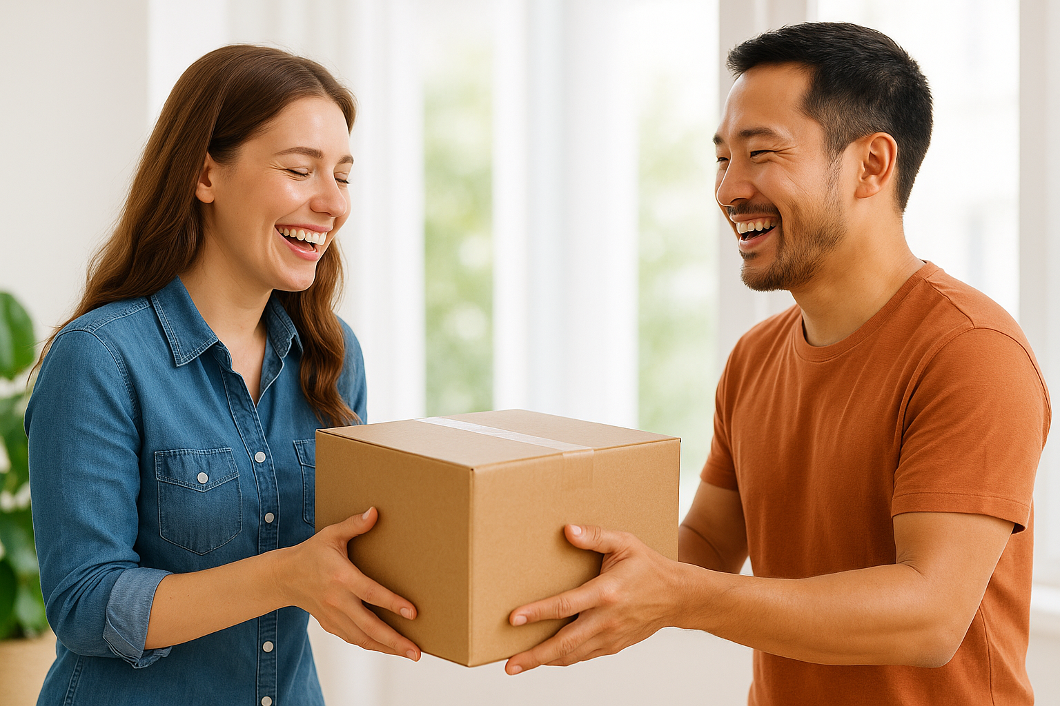 落札した品物を笑顔で受け取る二人の様子