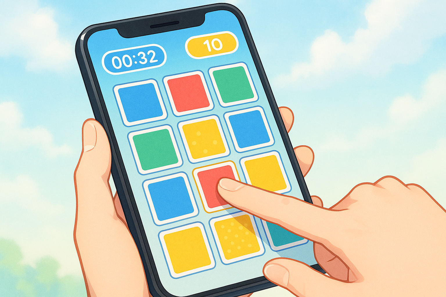 スマートフォンの画面でカラフルなカードをタップする手元