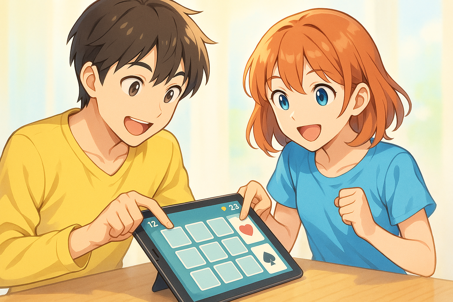 タブレットで神経衰弱のカードゲームを楽しむ二人のプレイヤー