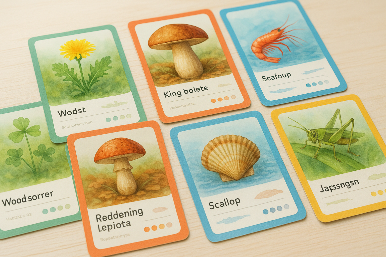 野草・キノコ・魚介・昆虫などのカラフルなカード図鑑が並んだコレクションのイメージ