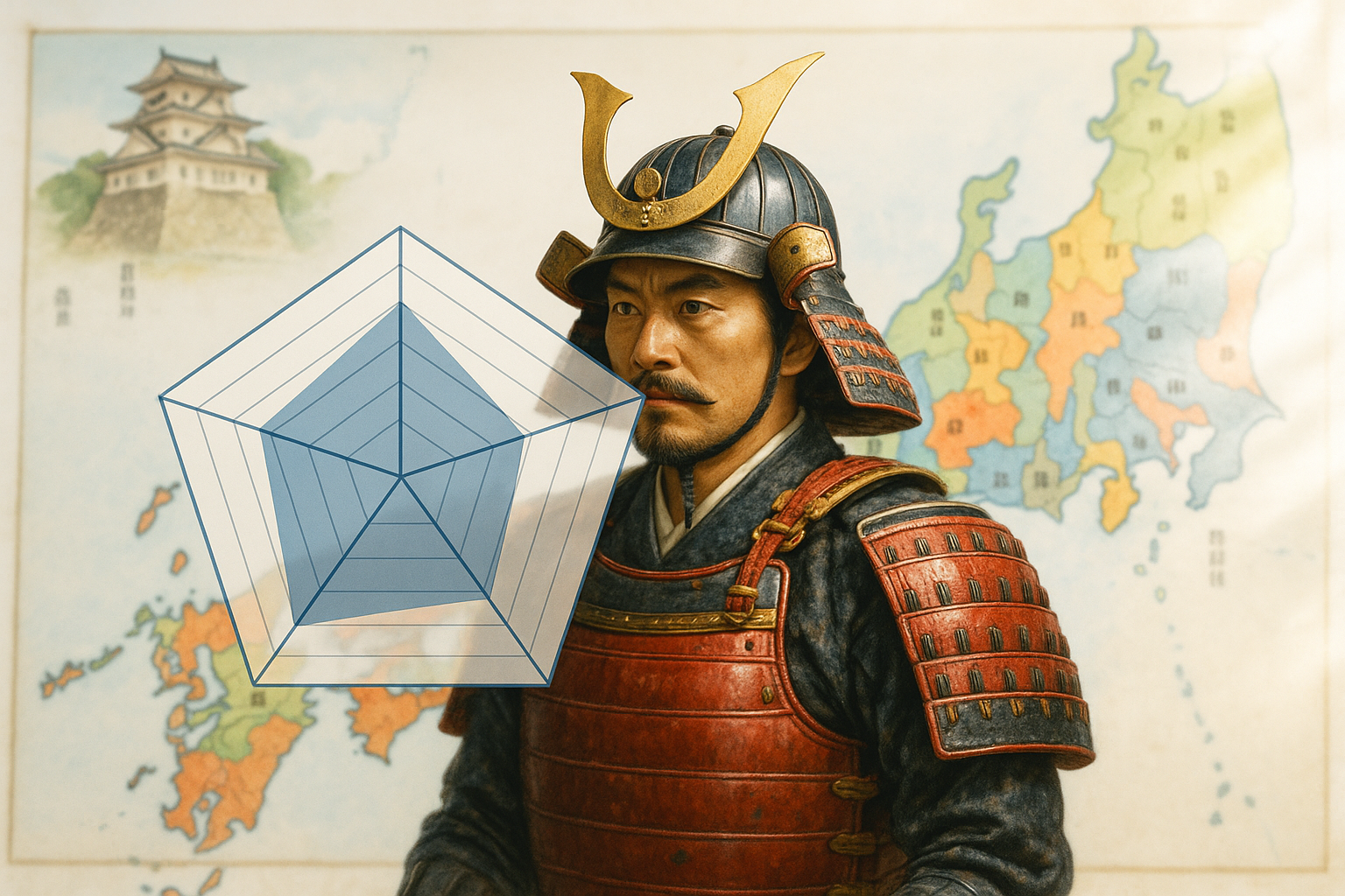 五角形のレーダーチャートで武将の能力を示すイメージ