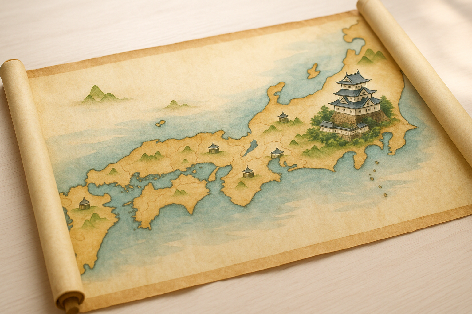 巻物に描かれた戦国時代の日本全国地図と居城の様子