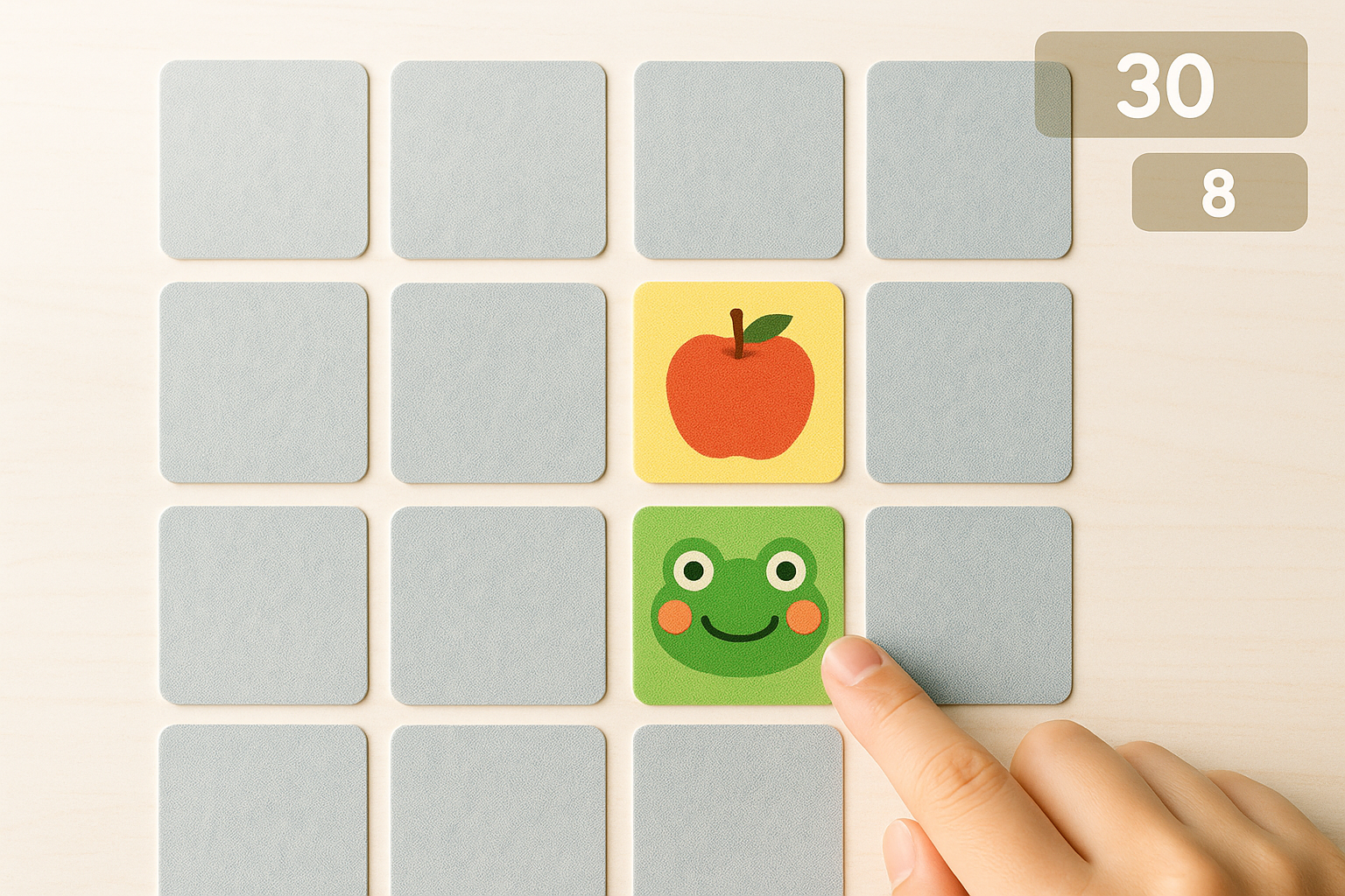 裏返しに並んだカードをめくって同じ絵柄をそろえる神経衰弱ゲームの画面