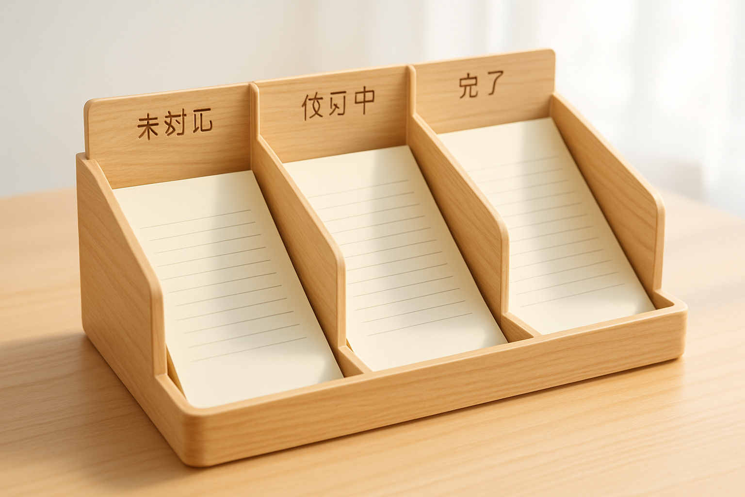 未対応、対応中、完了の三つの仕切りに便箋を整理する木製レタートレーのイメージ
