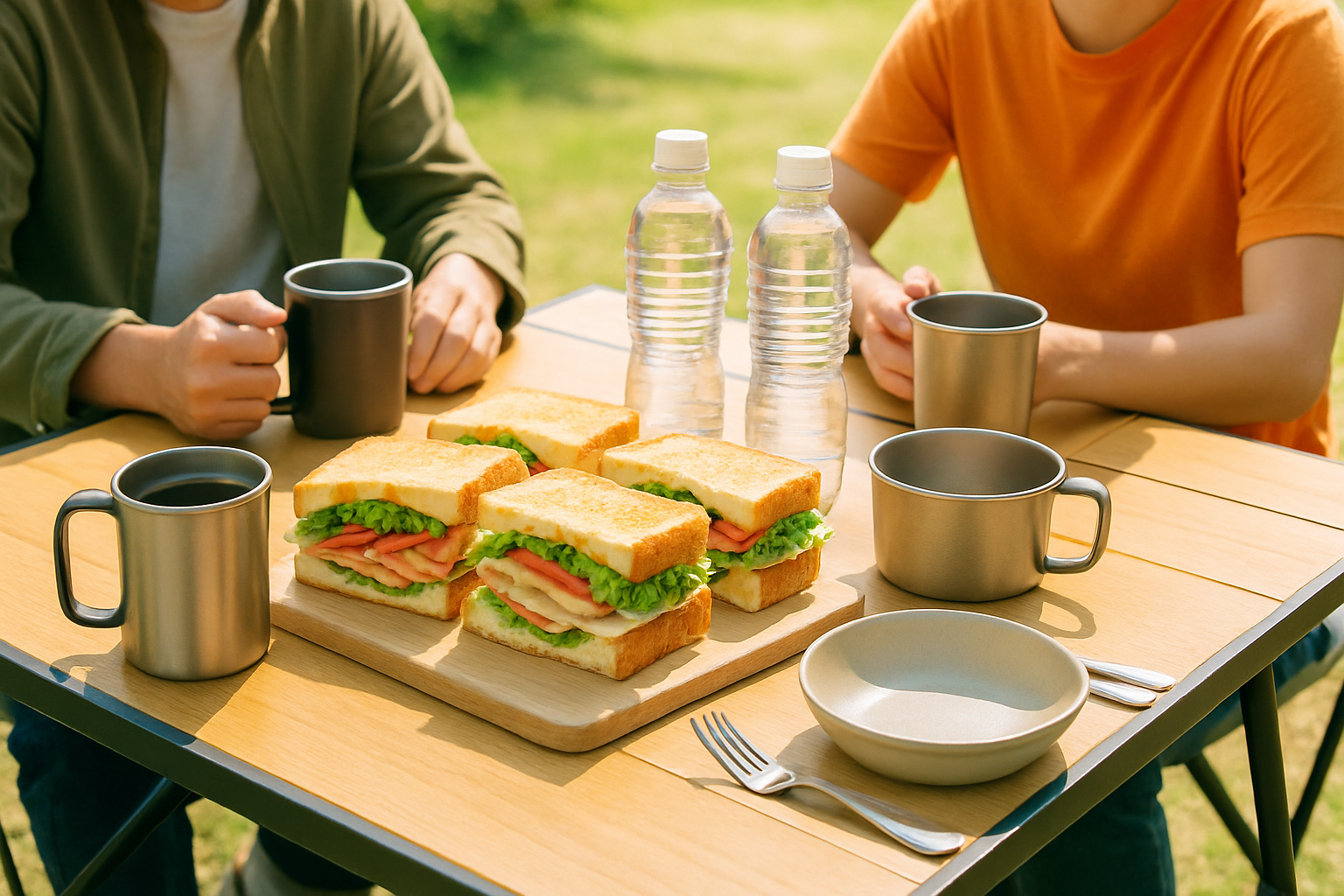 キャンプ用テーブルに並ぶサンドイッチと飲み物、食器を囲んで昼食を楽しむ様子
