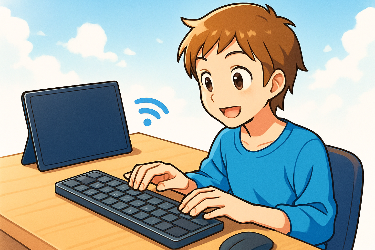 木のデスクに置かれたコンパクトキーボードとノート、すっきり整理された手元
