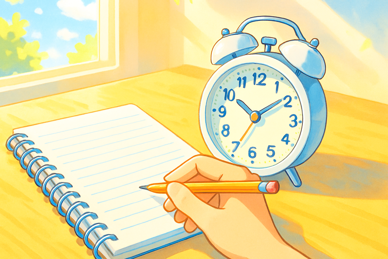 朝の時間の使い方を考えるため、ノートと時計を並べた明るい机のイメージ