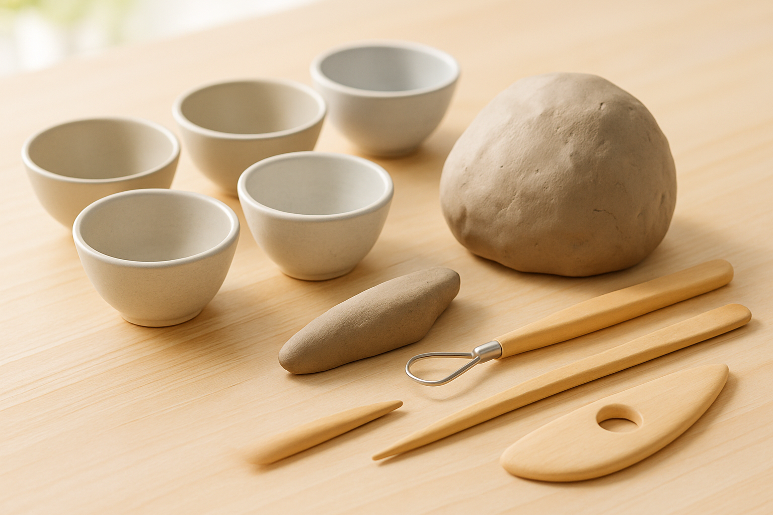 木の作業台に並ぶ小さな陶器の器、成形途中の粘土、陶芸用の道具を紹介する作例イメージ