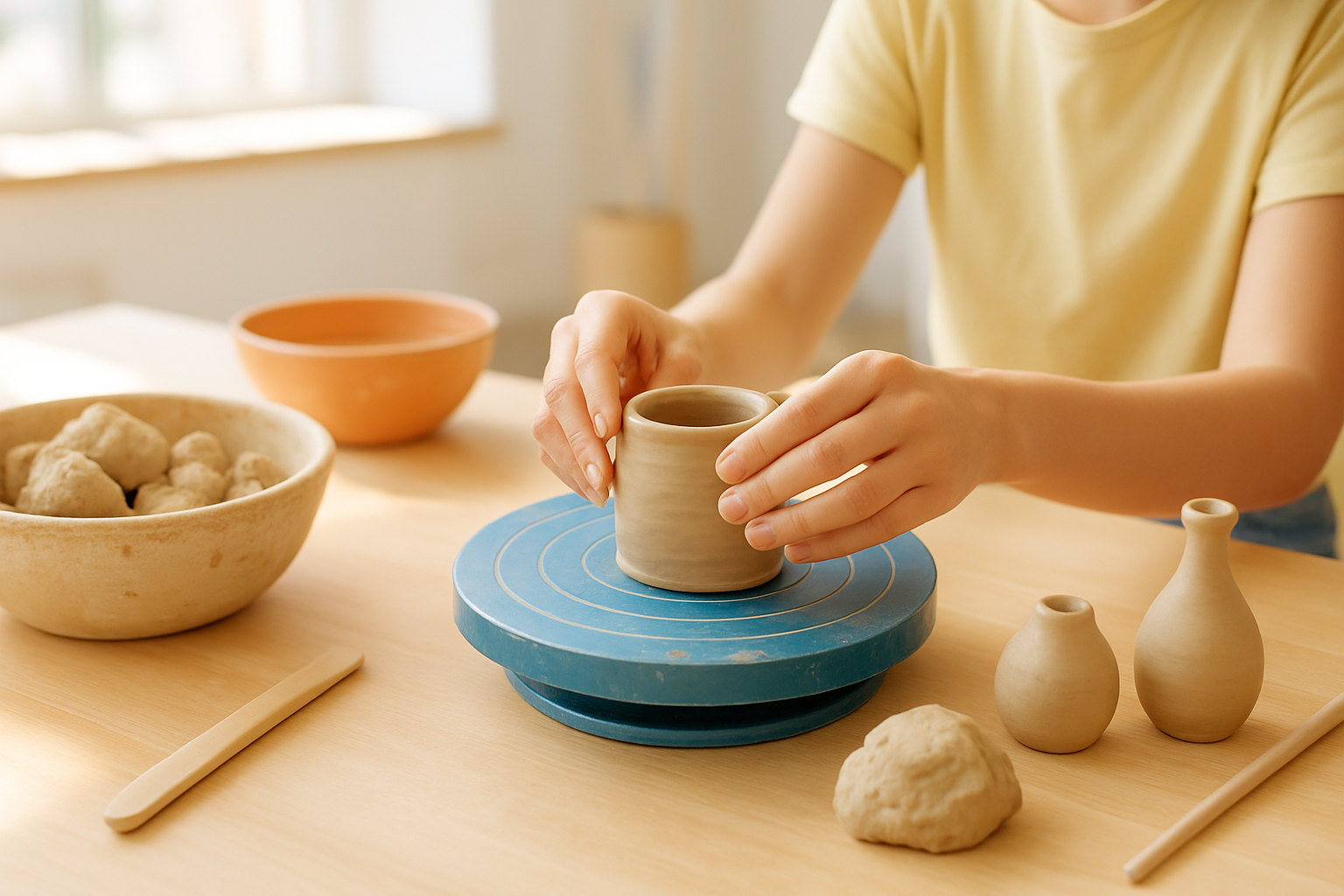 架空のクラフトフェスを紹介する作例イメージ。陶器の小さな器と粘土の道具が並ぶブース