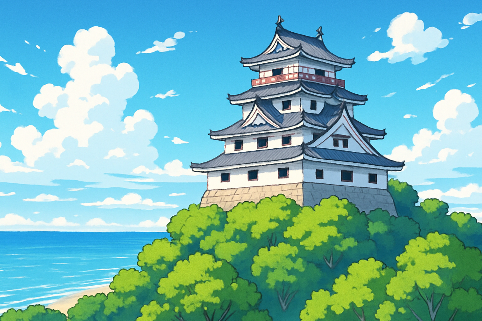 唐津城をモチーフにした、海を望む丘の城とふもとの緑が見える風景の作例