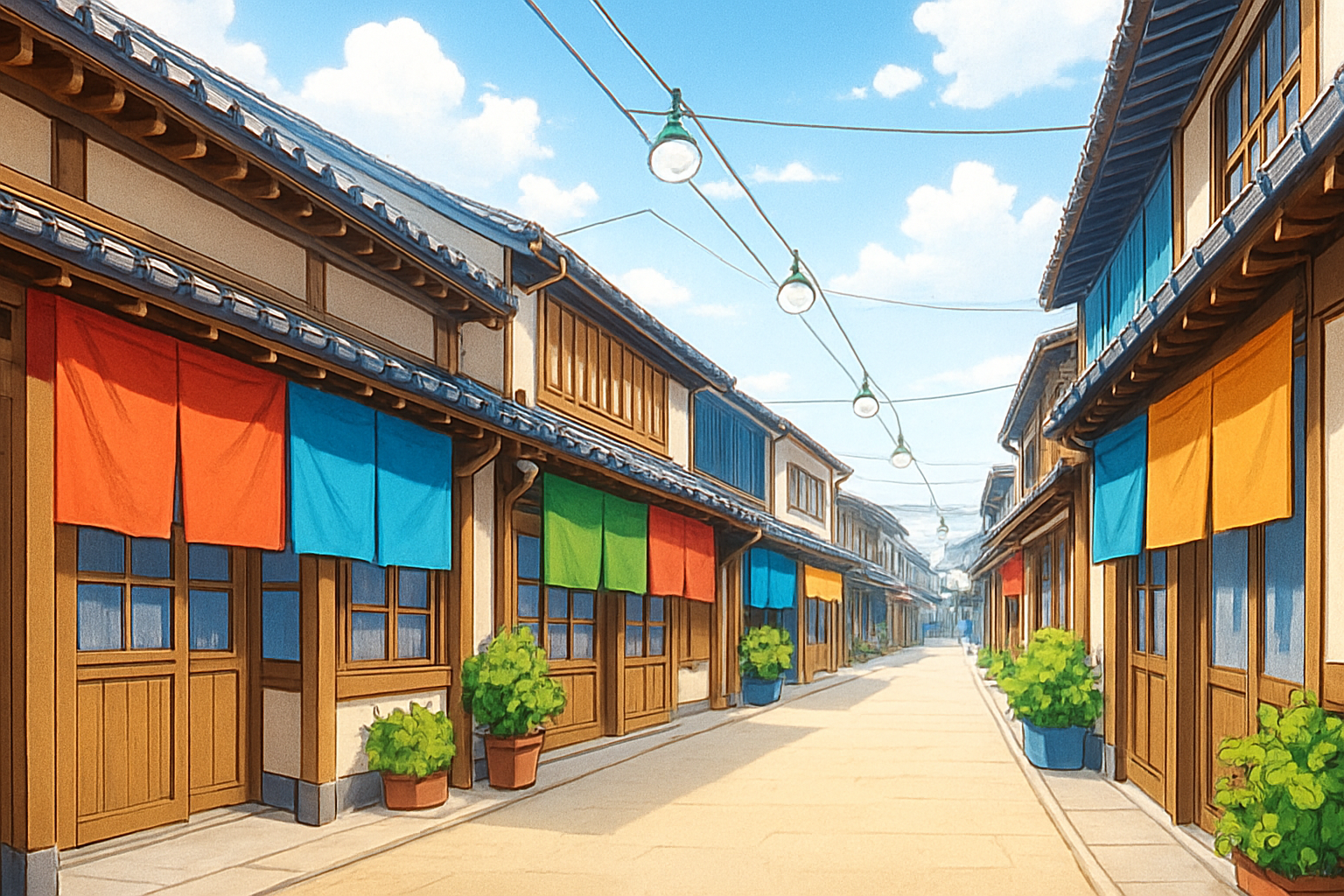 唐津の商店街をモチーフにした、軒先とのれんが続く明るい通りの風景の作例