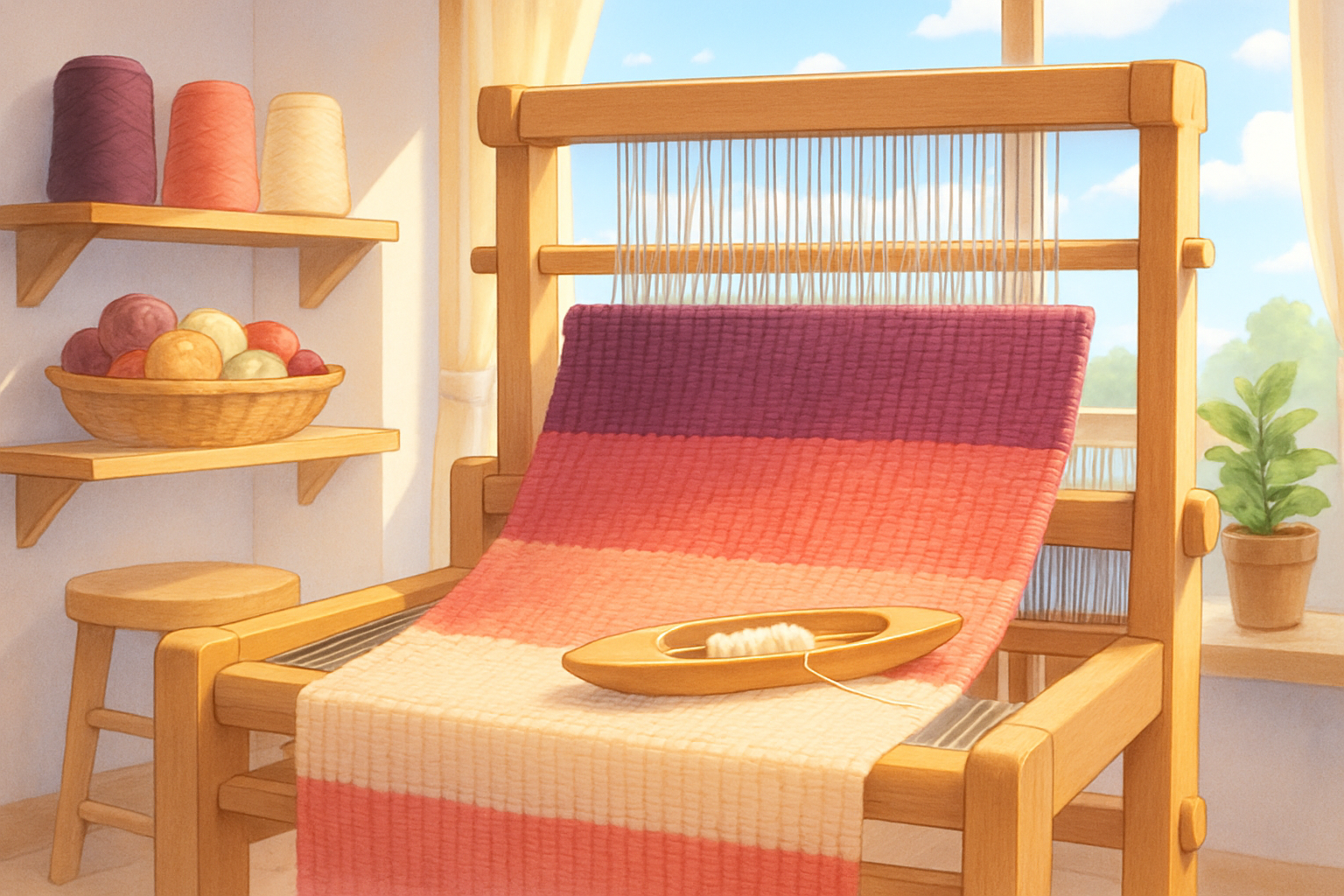 架空の地域作品の作例。プラムとコーラルとクリームの糸を織り合わせた、つながる織物の布作品