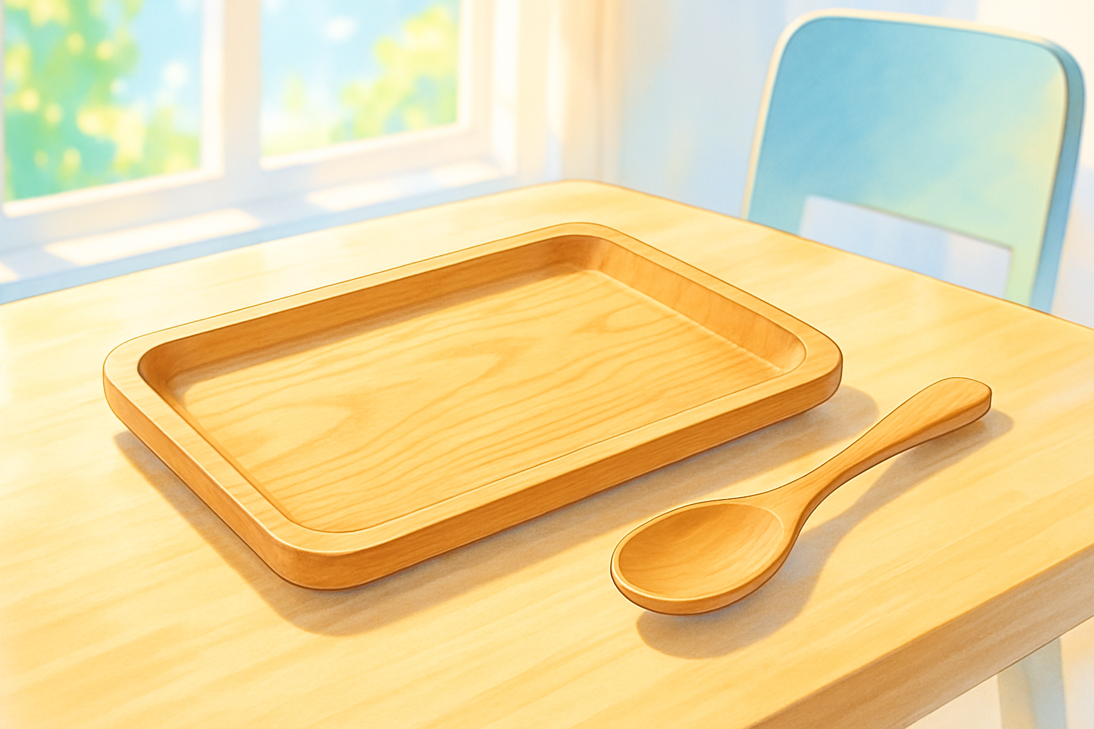 木のトレイとスプーンを明るい食卓に置いた架空の木工作品の利用イメージ