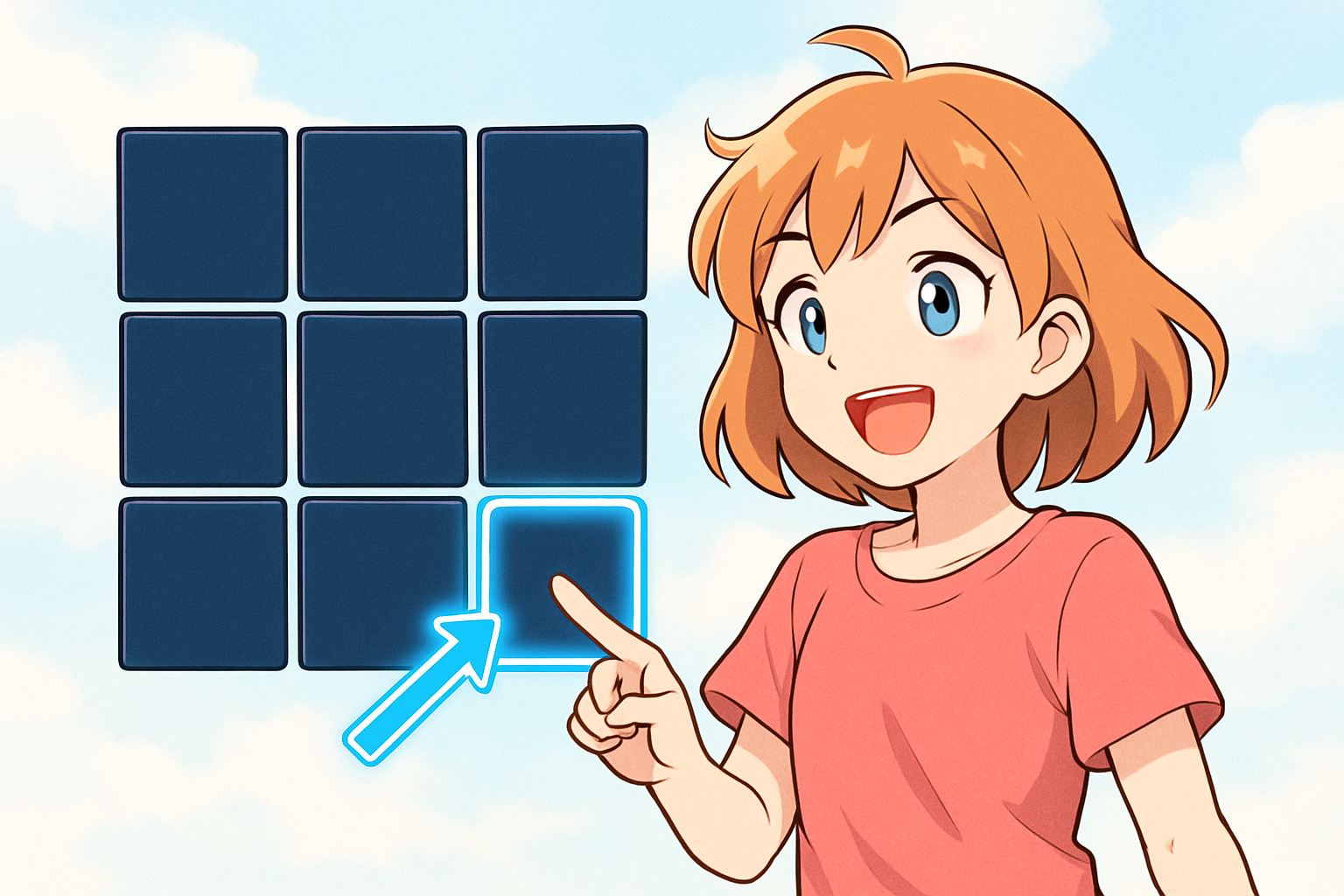 9つの濃紺のパネルのうち次に押す1マスを電気ブルーの輪郭と矢印で示すパズルのイメージ