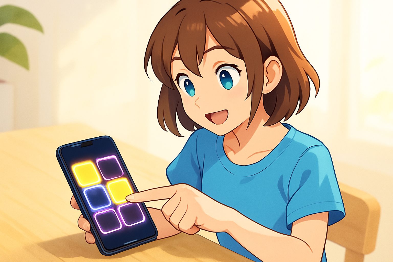 明るい机の上でスマートフォンの3行3列の光のパズルを指で操作している様子