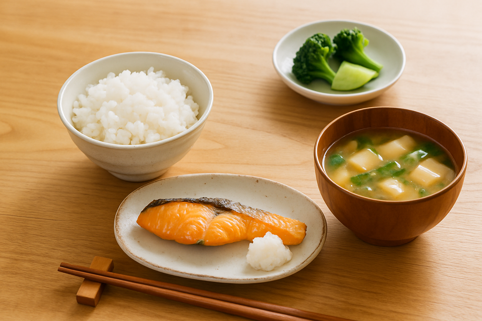 木の食卓に並ぶ、ごはんとみそ汁と焼き魚の朝食の作例