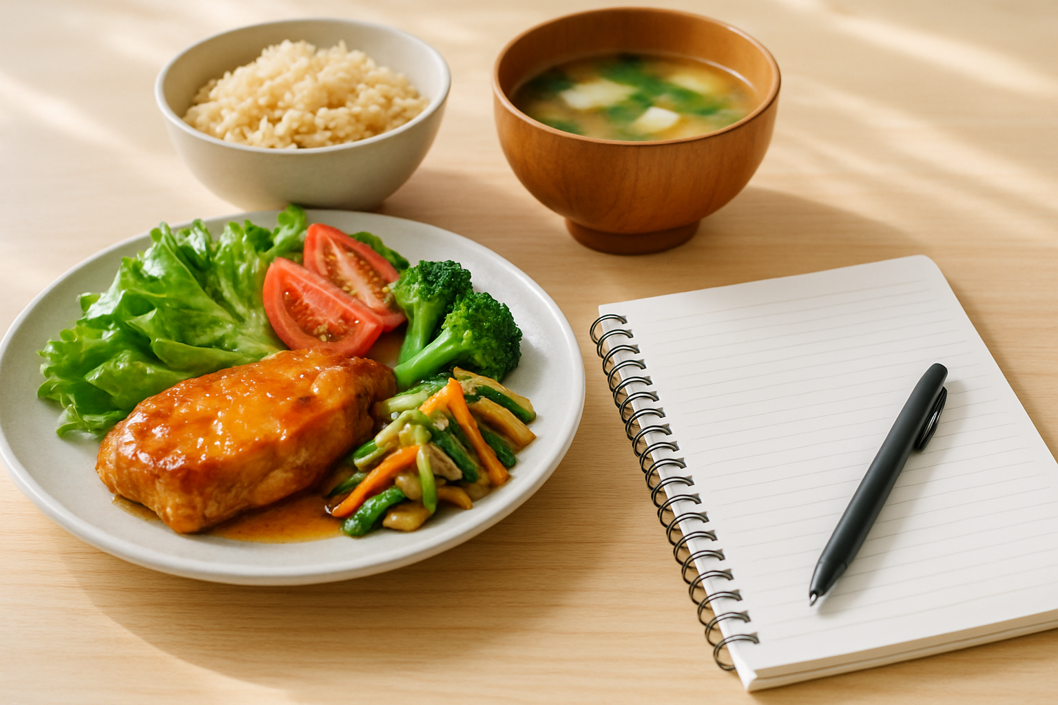 夕食の器のそばに開いた食事メモ用ノートとペンが置かれた食卓の作例