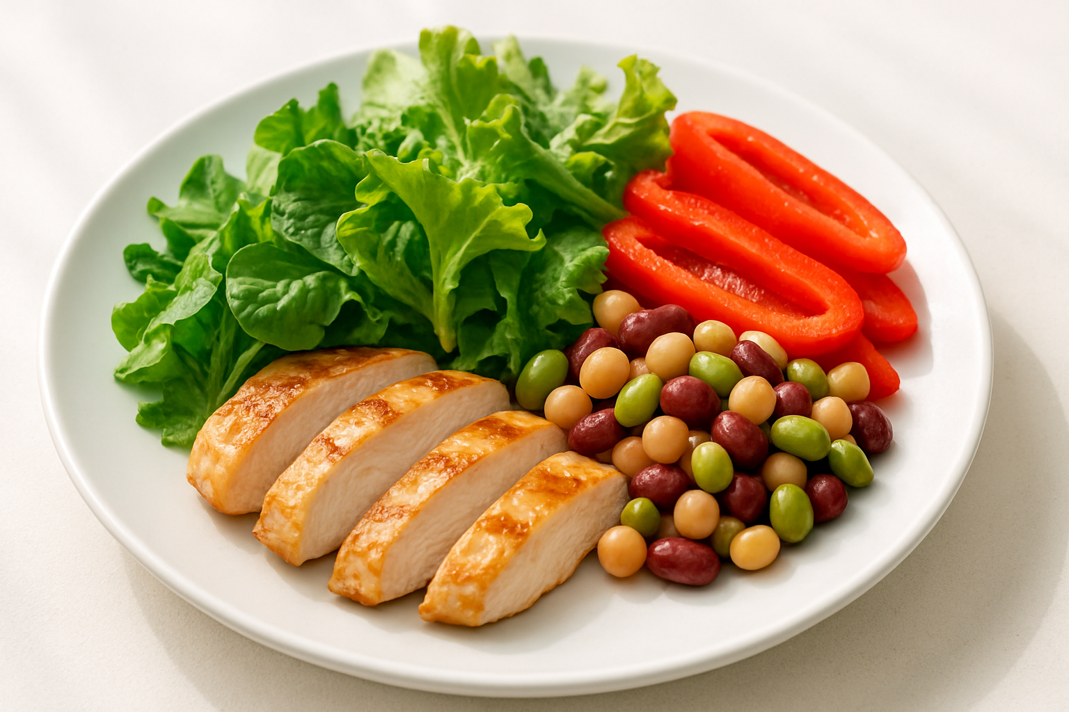 緑の葉野菜と赤いパプリカと豆を添えた昼食プレートの作例