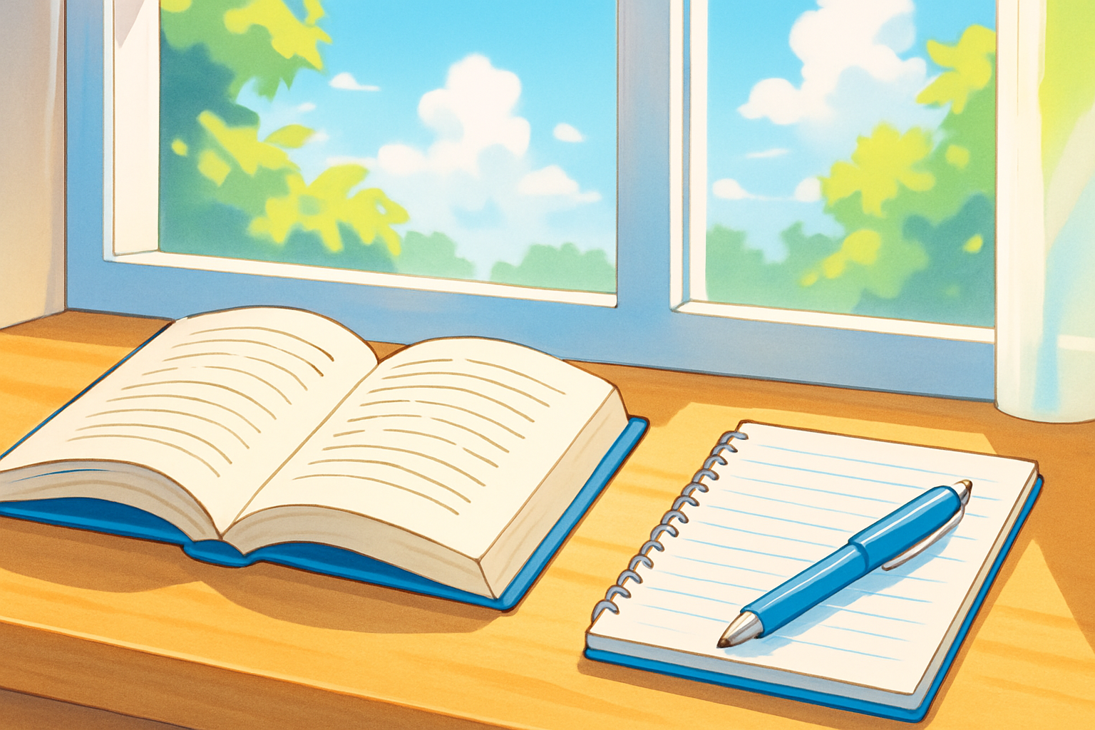 明るい窓辺で開いた本の隣に読書ノートとペンが置かれている