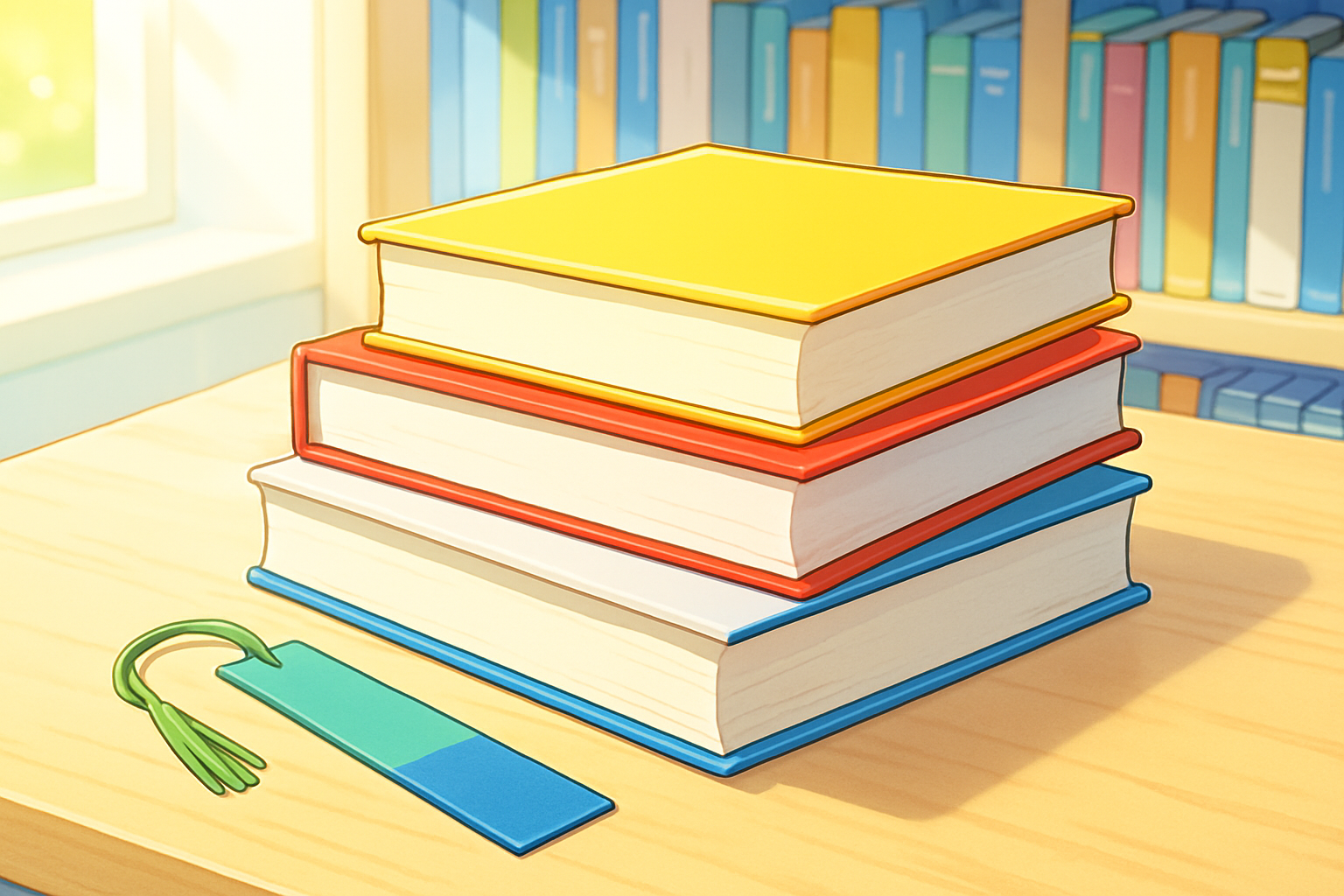 明るい本棚の前に選んだ数冊の本としおりが置かれている