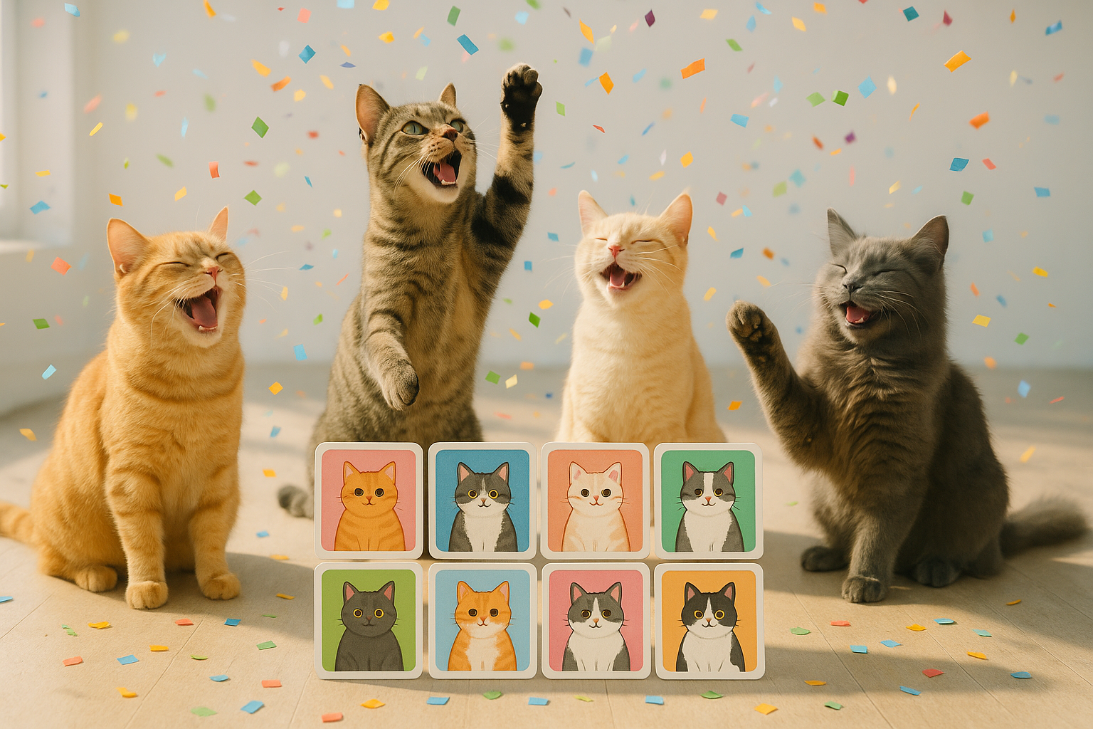 すべてのペアが揃ったねこカードのそばで、ねこたちが紙吹雪と一緒に喜んでいる