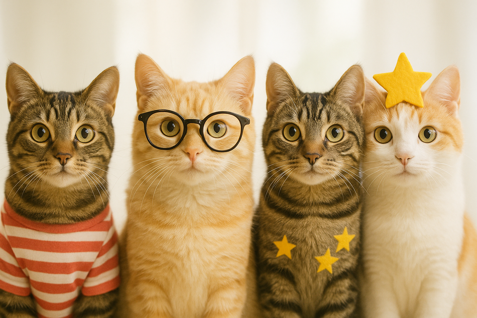 しましま、めがね、星の模様など、顔と小物が異なるかわいいねこたちが並んでいる