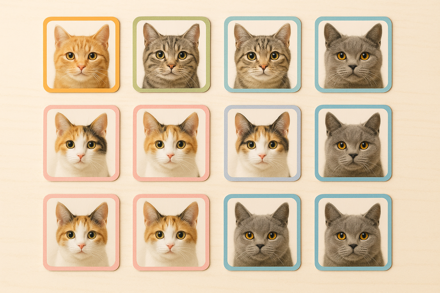クリーム色の机の上に同じ顔のねこカードが二枚ずつ並び、ペアになっている