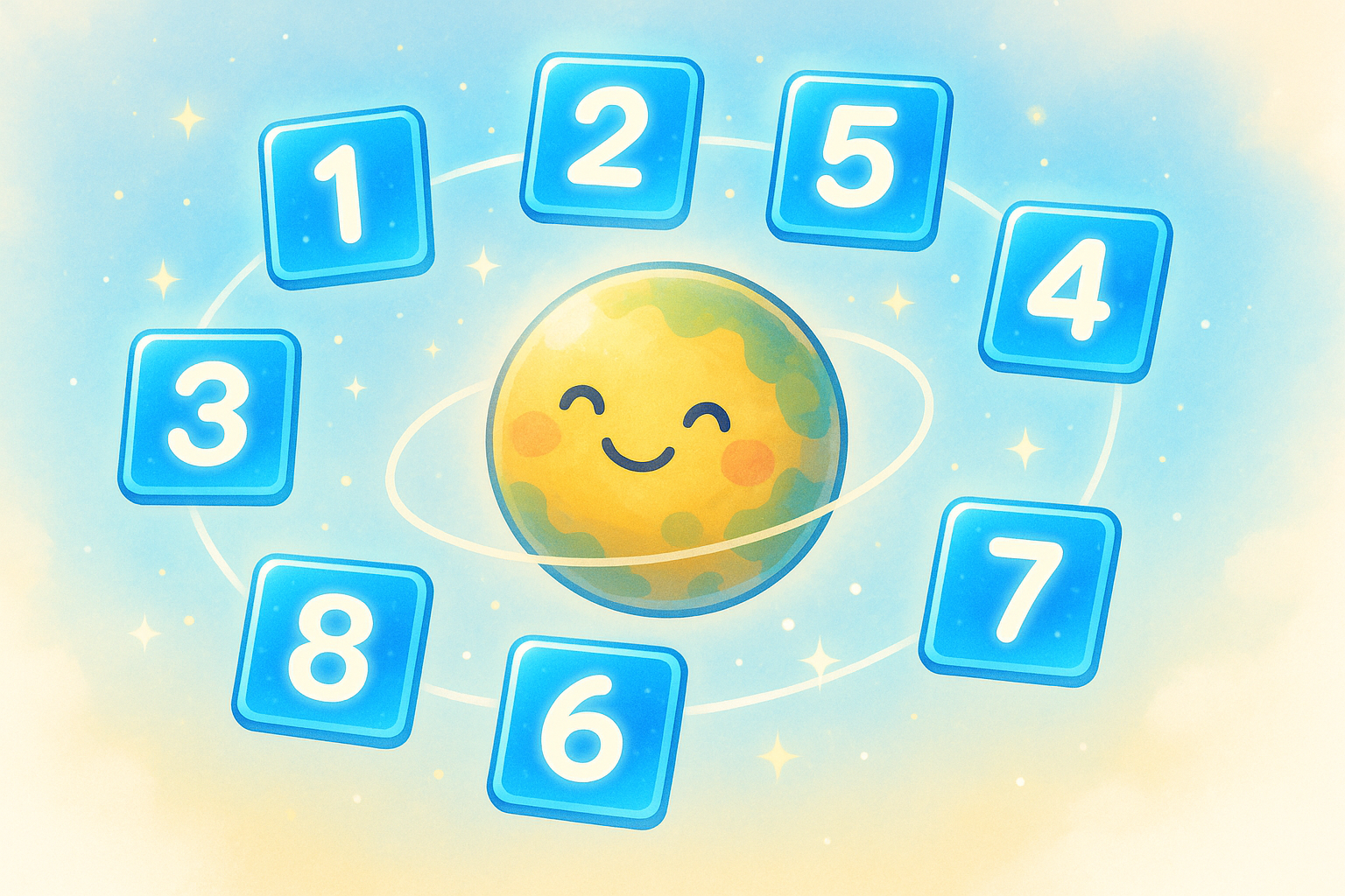 笑顔の小さな惑星のまわりを、1から8の光る数字タイルが軌道に沿って巡っている