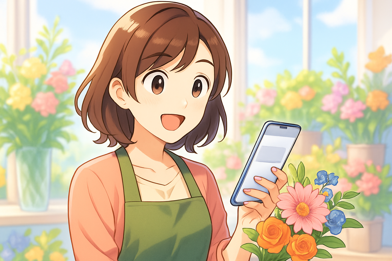 花のアトリエの作業台で季節の花を選び、小さなブーケを束ねる手元
