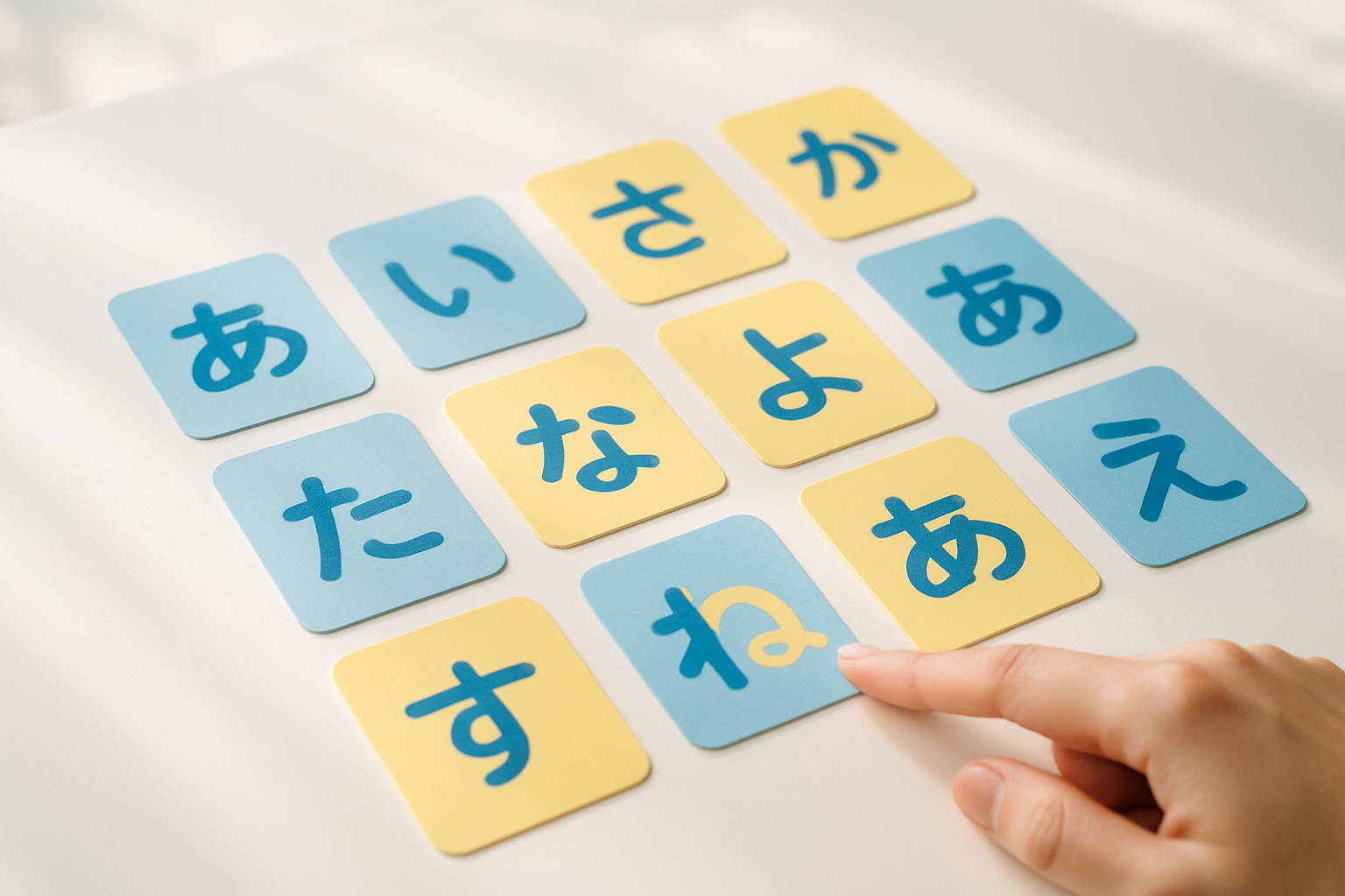 白い机の上に青とレモン色のひらがなカードを並べ、言葉のつながりを考えるクイズのイメージ