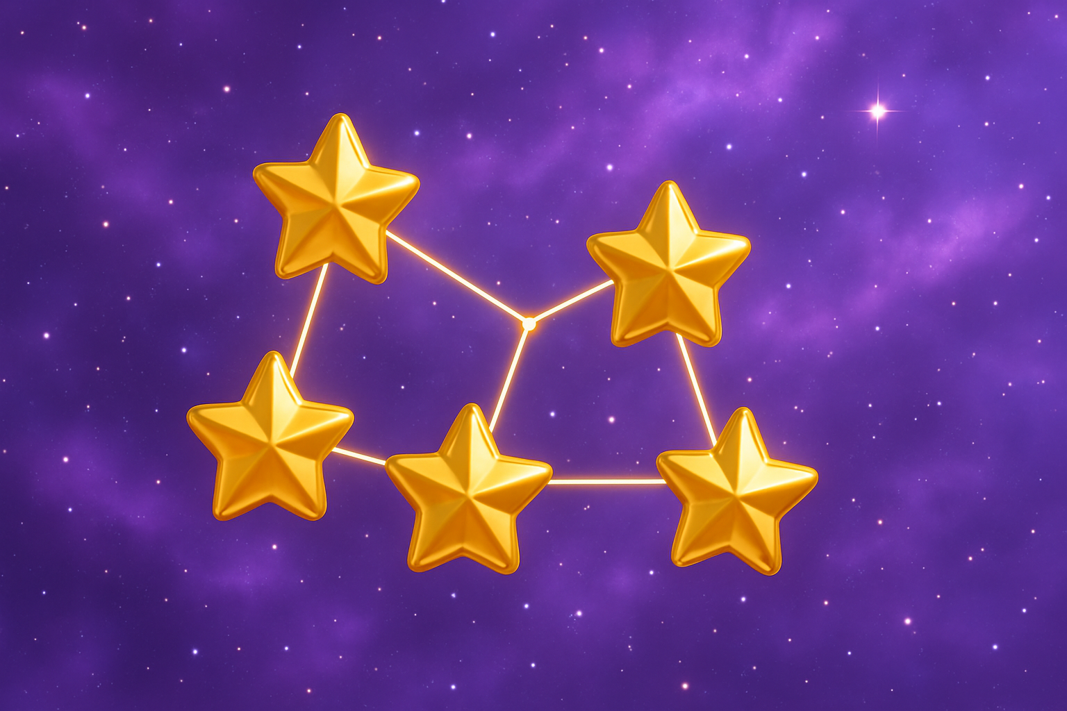 紫の宇宙に、集めた黄金色の星が小さな星座のように並んでいる様子