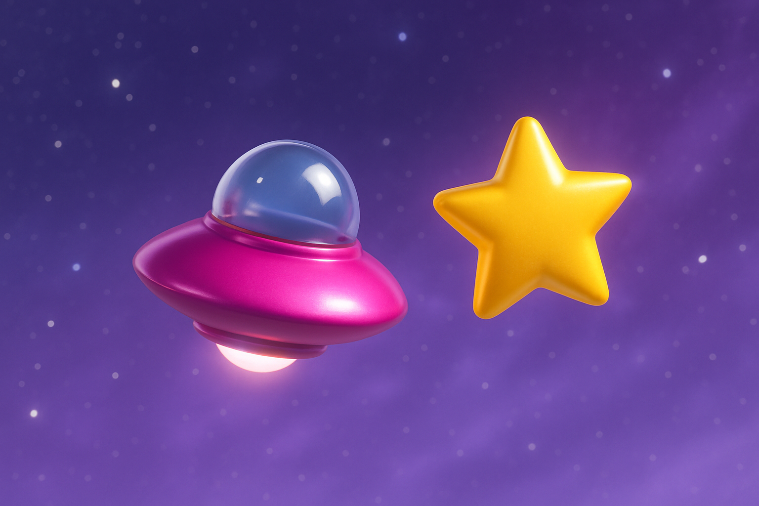 マゼンタ色の小さなUFOが黄金色の星を見つけて紫の宇宙を飛ぶ様子