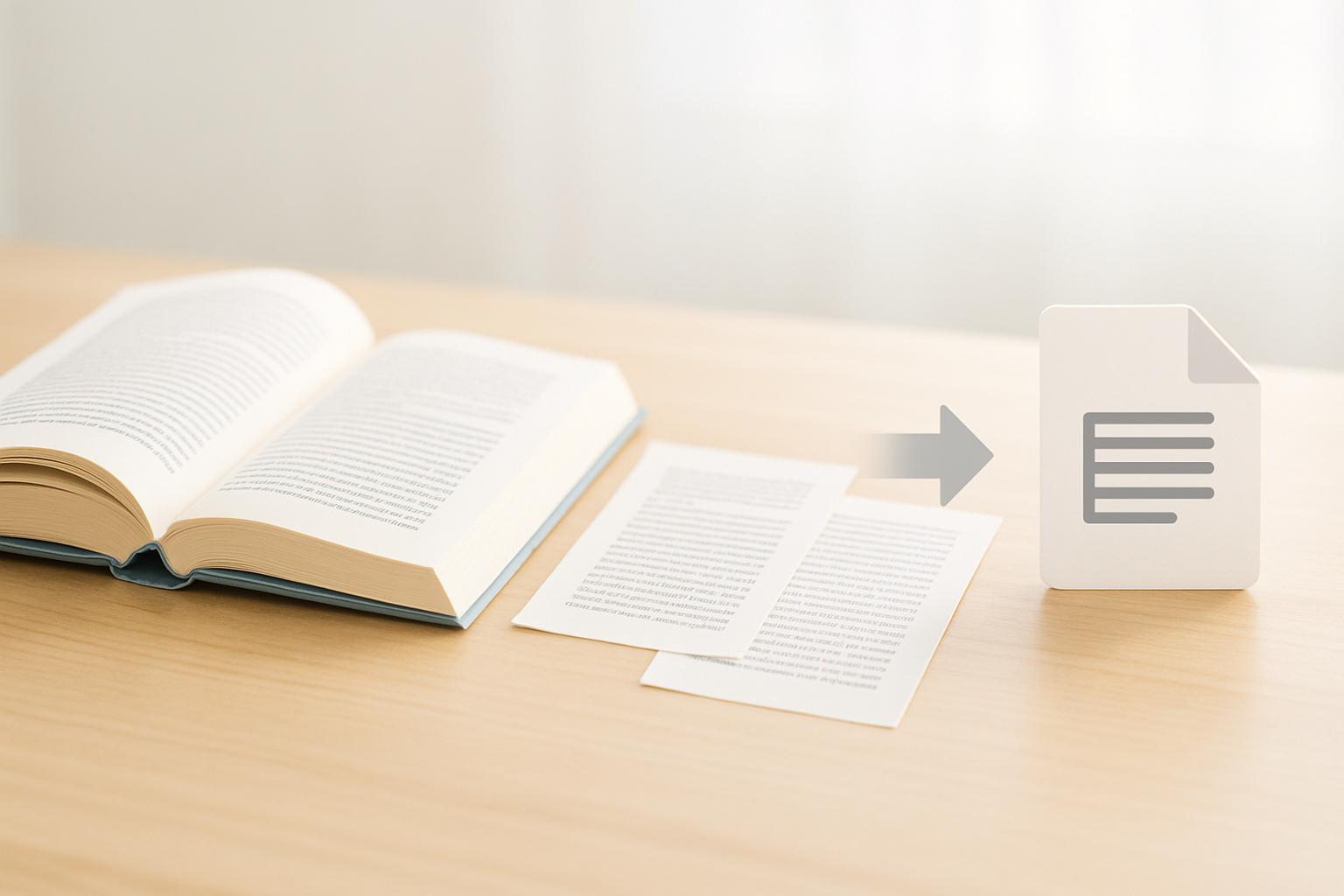 章ごとの原稿が順番に一冊の読み物へまとまり、テキストファイルへつながる様子を示した図