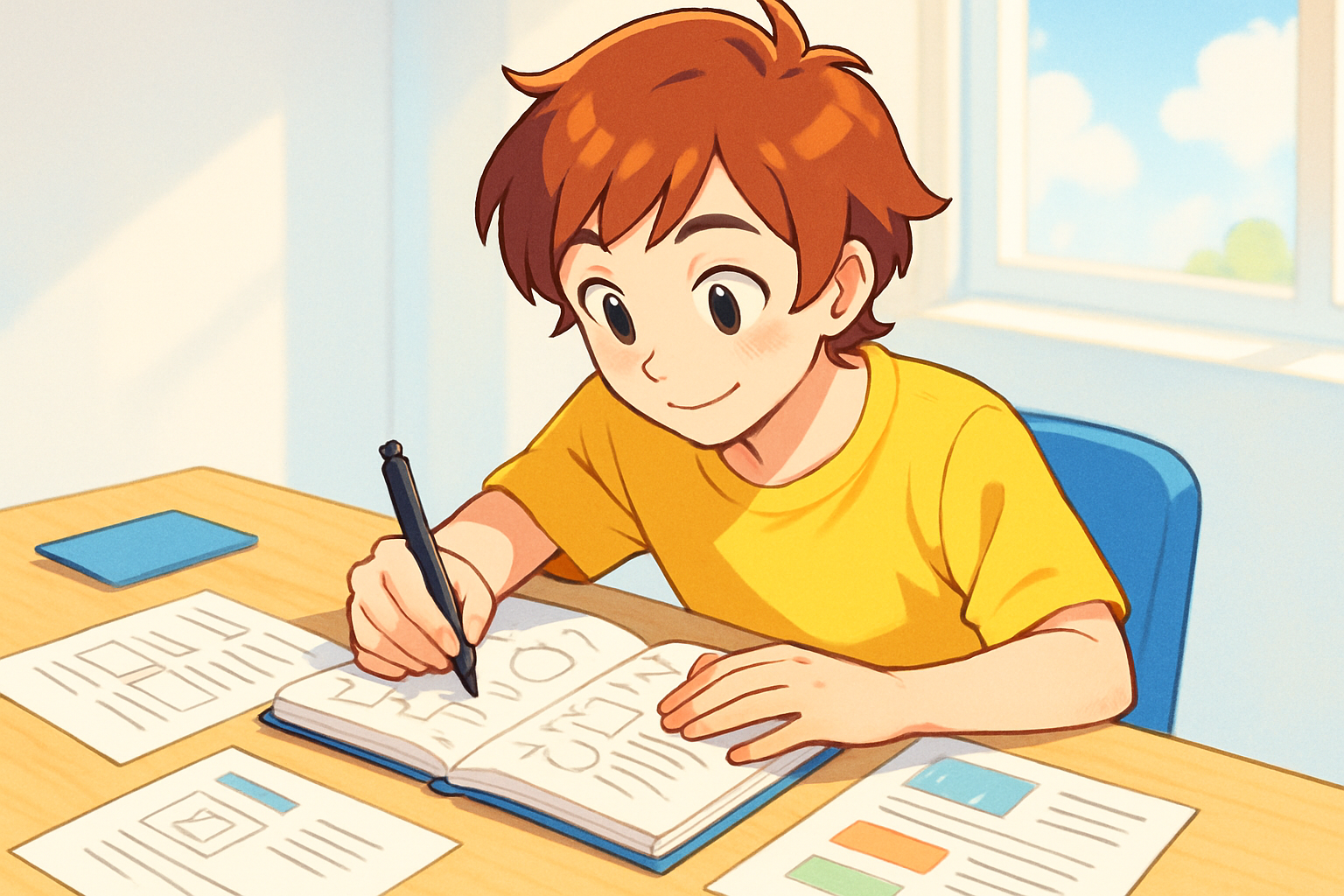 制作のアイデアをノートに書き出し、机の上で資料を整理する様子